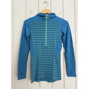 Smartwool Hoodie Top S Small Blue Geometric Merino 250 Wool Baselayer Pullover